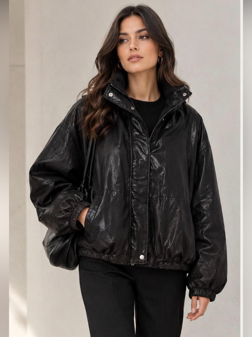 Zara Black overzied Leather Bomber Jacket - Women size M